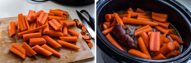 sliced carrots on a cutting board, then in a crock pot