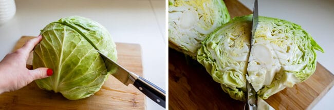 slicing cabbage in half, then removing stem with knife