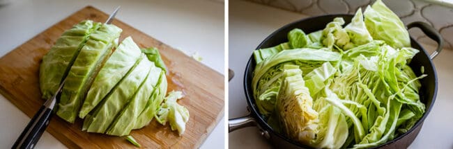 slicing cabbage into wedges, a ton of raw cabbage in a skillet