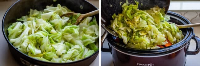 sauteed cabbage in skillet, adding cooked cabbage to crock pot.