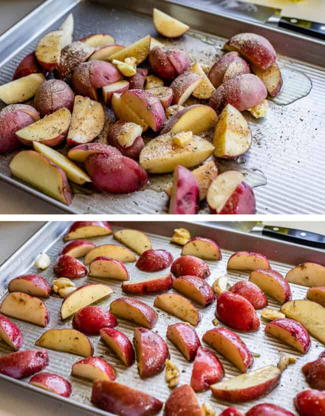 sliced potatoes on a pan with oil, then spread out to roast.