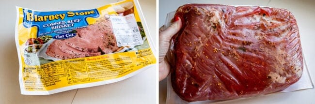 corned beef in its packaging, then showing the back with the spices in the brine.