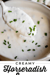 spoon dipping into white bowl of horseradish sauce