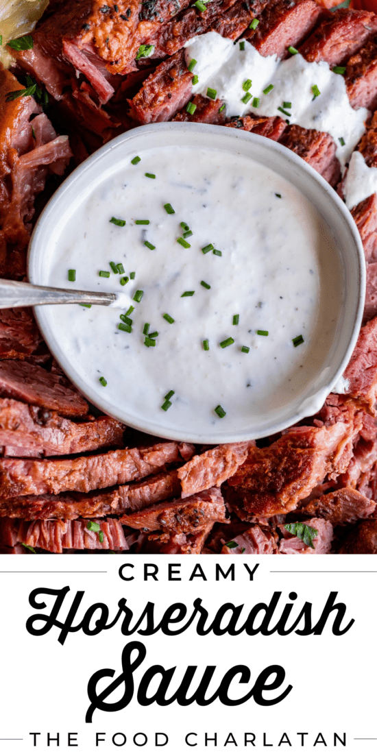 bowl of horseradish sauce surrounded by corned beef