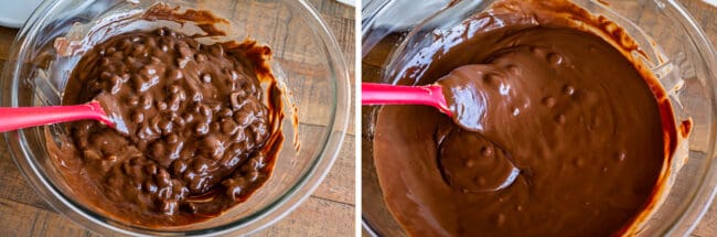 stirring chocolate and peanut butter together in a bowl.