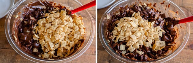 adding dry Chex cereal to a bowl of chocolate peanut butter.