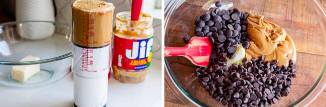 measuring peanut butter in a cup, chocolate chips and peanut butter in a glass bowl