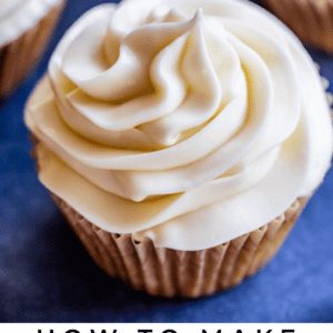 A close-up of cupcakes topped with swirls of creamy white frosting. Text reads: Cream cheese frosting. Sweet & tangy! The Food Charlatan.