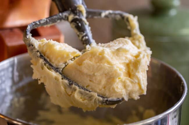 butter and sugar beaten together on the paddle of a stand mixer.