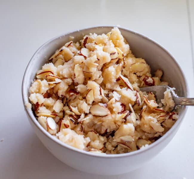 almond streusel mixed together in a bowl.