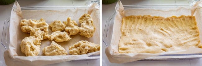 pressing shortbread dough into a parchment lined glass pan.