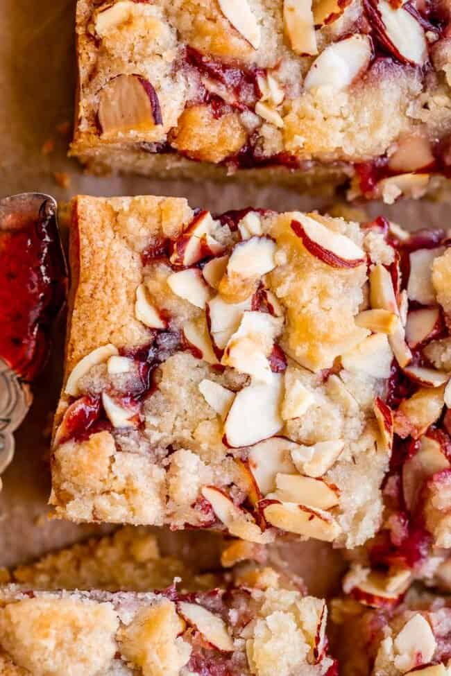 raspberry bars with sliced almond shot from overhead.