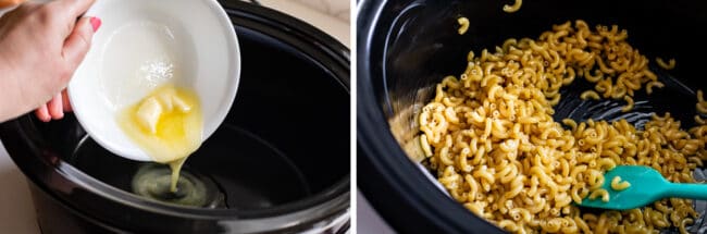 adding butter to a crock pot, adding dry elbow noodles to the crock.