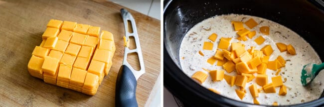 chopped American cheese on a cutting board, add the cheese to a crock pot with milk.