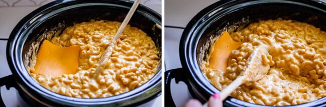Adding a slice of cheese to a crock pot full of mac and cheese.