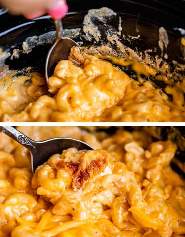 spoon scraping crusty edges of slow cooked mac and cheese.