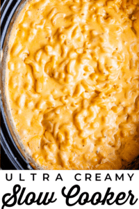 slow cooked mac and cheese in a black crockpot