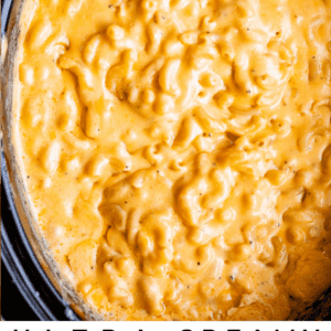 slow cooked mac and cheese in a black crockpot
