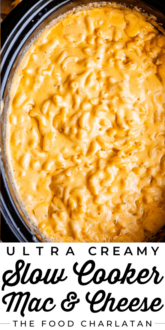 slow cooked mac and cheese in a black crockpot
