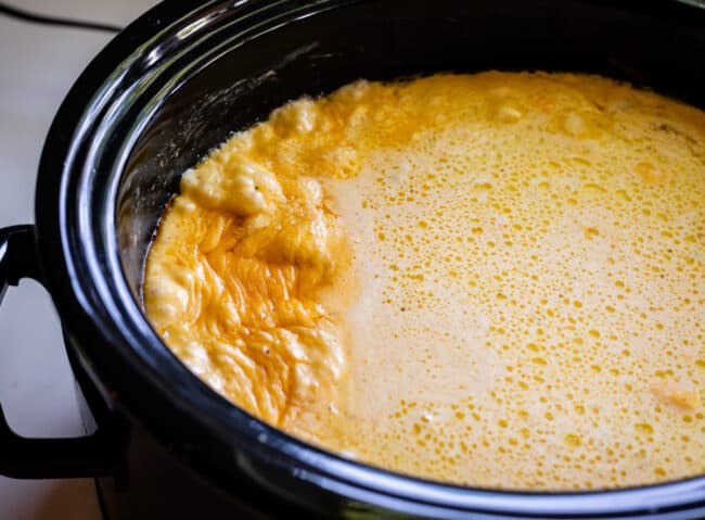 mac and cheese in slow cooker after 2 hours of cooking.