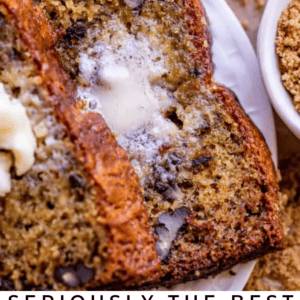 Overhead view of two slices of sour cream banana bread with nuts and melted butter, next to a bowl of brown sugar, on a plate. Text overlay reads: Seriously Delicious Sour Cream Banana Bread.