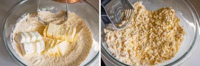cream cheese and butter chopped in a bowl of dry ingredients; then cut in.
