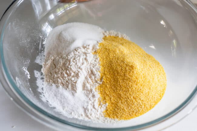 glass bowl of dry ingredients for pie crust.