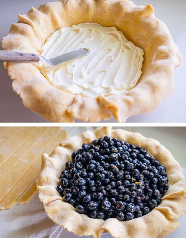 raw pie dough spread with cream cheese, then topped with blueberries.