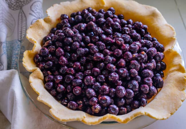 frozen blueberry pie filling in an unbaked pie shell.