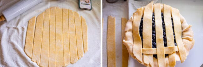 strips of pie dough on a pastry cloth, then added as a lattice on pie.