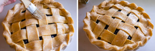 brushing an uncooked pie with milk, then sprinkled with sugar.