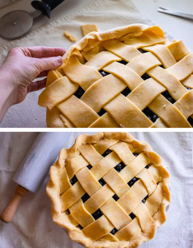 folding in the edge of pie crust, getting ready for fluting, then complete lattice crust.
