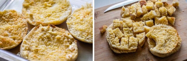 buttered and toasted English muffins, then chopped into pieces.