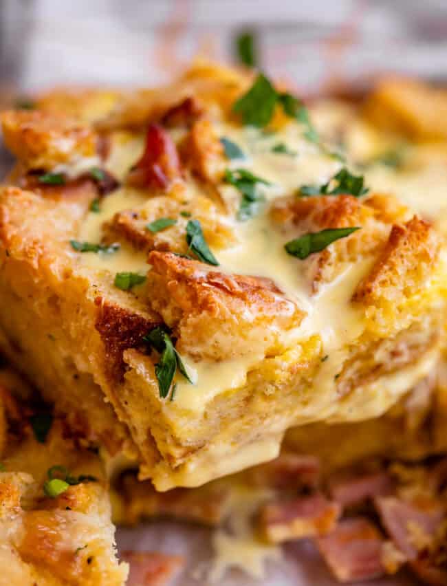 Close-up of egg benedict casserole.