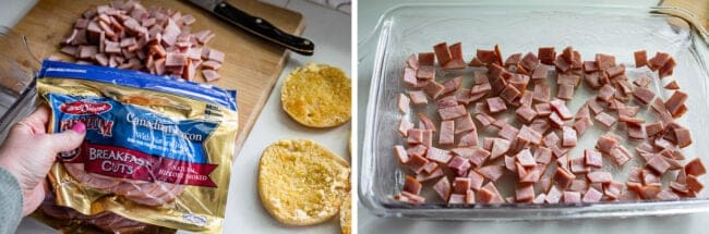 package of canadian bacon on a counter, canadian bacon chopped and spread in glass dish.