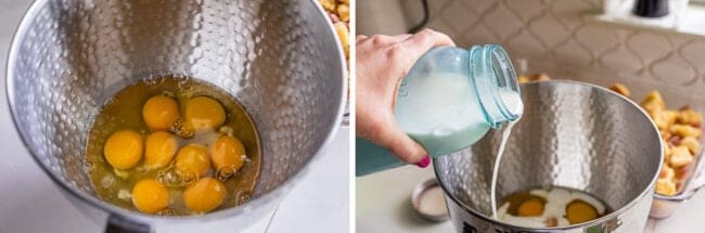 eggs cracked into a stand mixer bowl, adding milk to the bowl