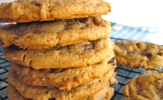 Stack of several oat flour chocolate chip cookies
