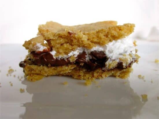 Crumbly s'mores bar with cookie crust, chocolate, and marshmallow with white background.