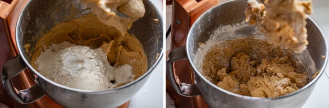 adding dry ingredients to bowl of cookie dough, mixing in the flour.