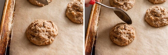 a butterfinger cookie on a sheet pan, using a spoon to push the cookie in on itself.