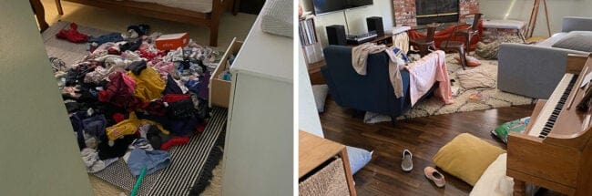 clothes pulled out of a drawer in an otherwise clean room; a fort built in a living room.