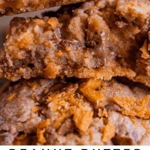stack of 3 halved butterfinger cookies with butterfinger baking bits