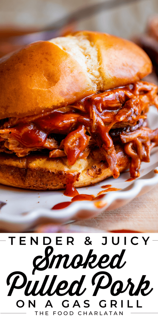 pulled pork with bbq sauce on a bun on a white plate.
