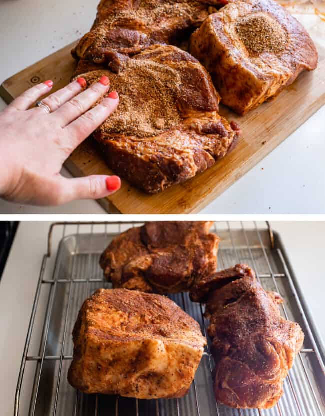 rubbing pork shoulder with spices, pork on wire rack over baking sheet.