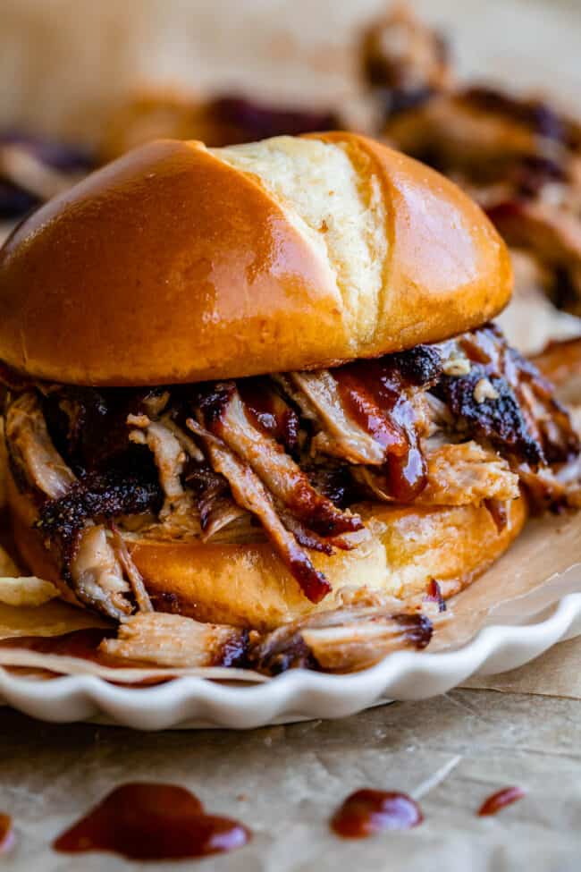 pulled pork sandwich with bbq sauce on a plate.