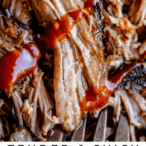 close up of shredded pulled pork with blackened edges and bbq sauce.