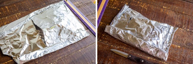 aluminum foil and ruler on a wooden board being folded into a foil packet.
