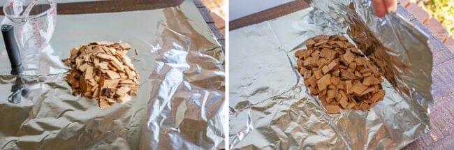 wood chips in a small pile on aluminum foil, then folding foil into a packet for smoking.