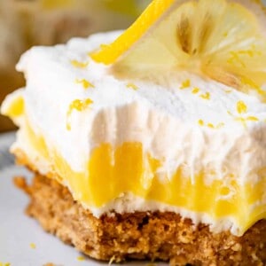 Vertical shot of lemon pudding dessert with crumbly crust.