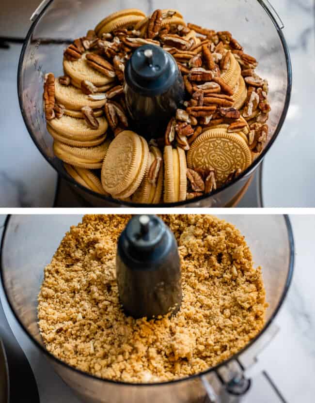 Lemon oreos and pecans in food processor.